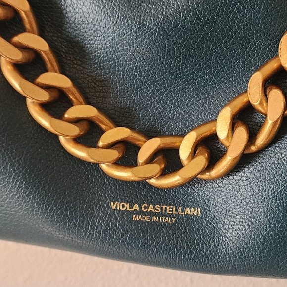 Viola Castellani Genuine Leather Handbag Blue Teal w Chunky Chain Accent - Picture 4 of 10